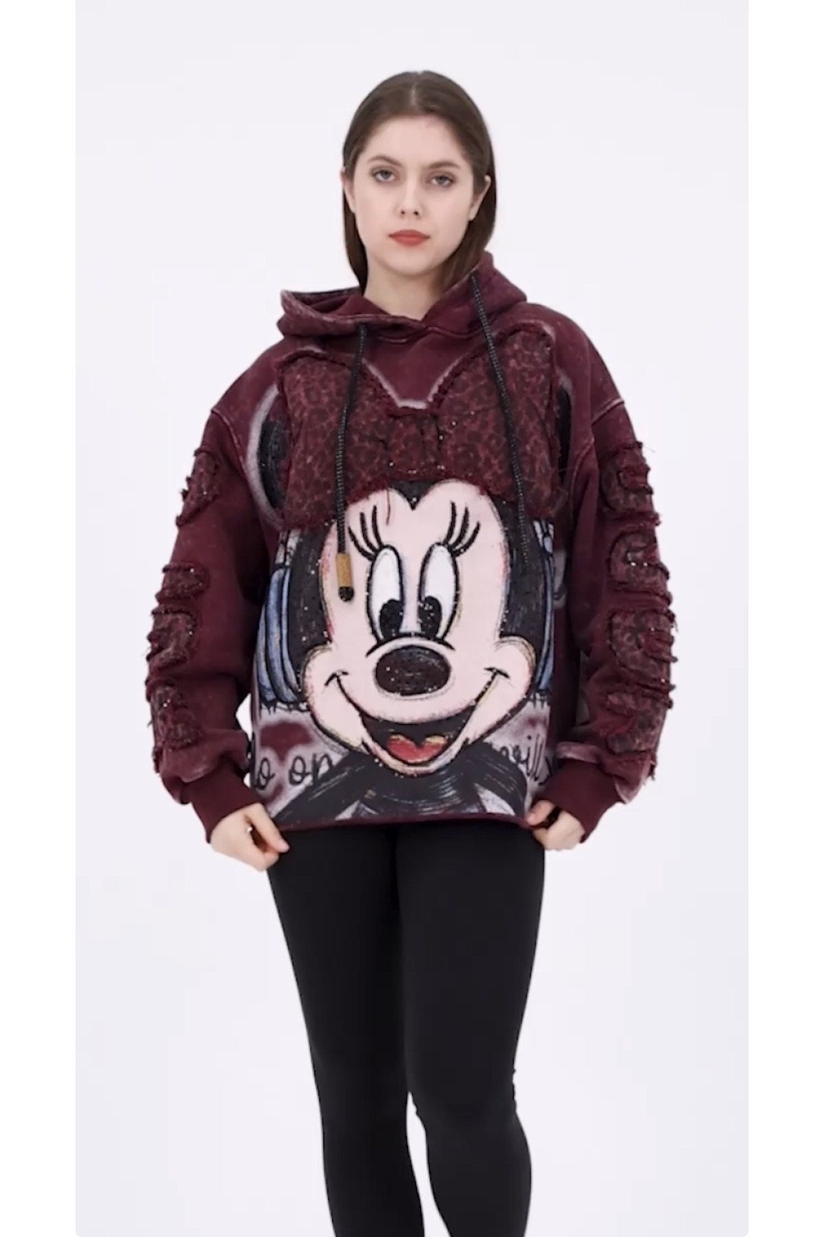 Minnie Mouse Baskılı Asit Yıkama Bordo Oversize Kapüşonlu Sweatshirt