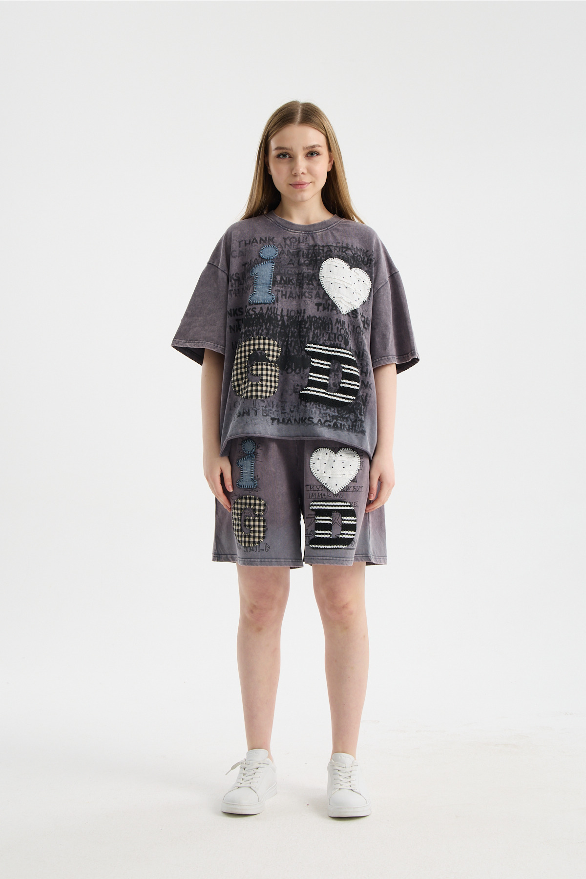 Antrasit Vintage Yıkama Patch Tasarımlı Kadın Şortlu Takım
