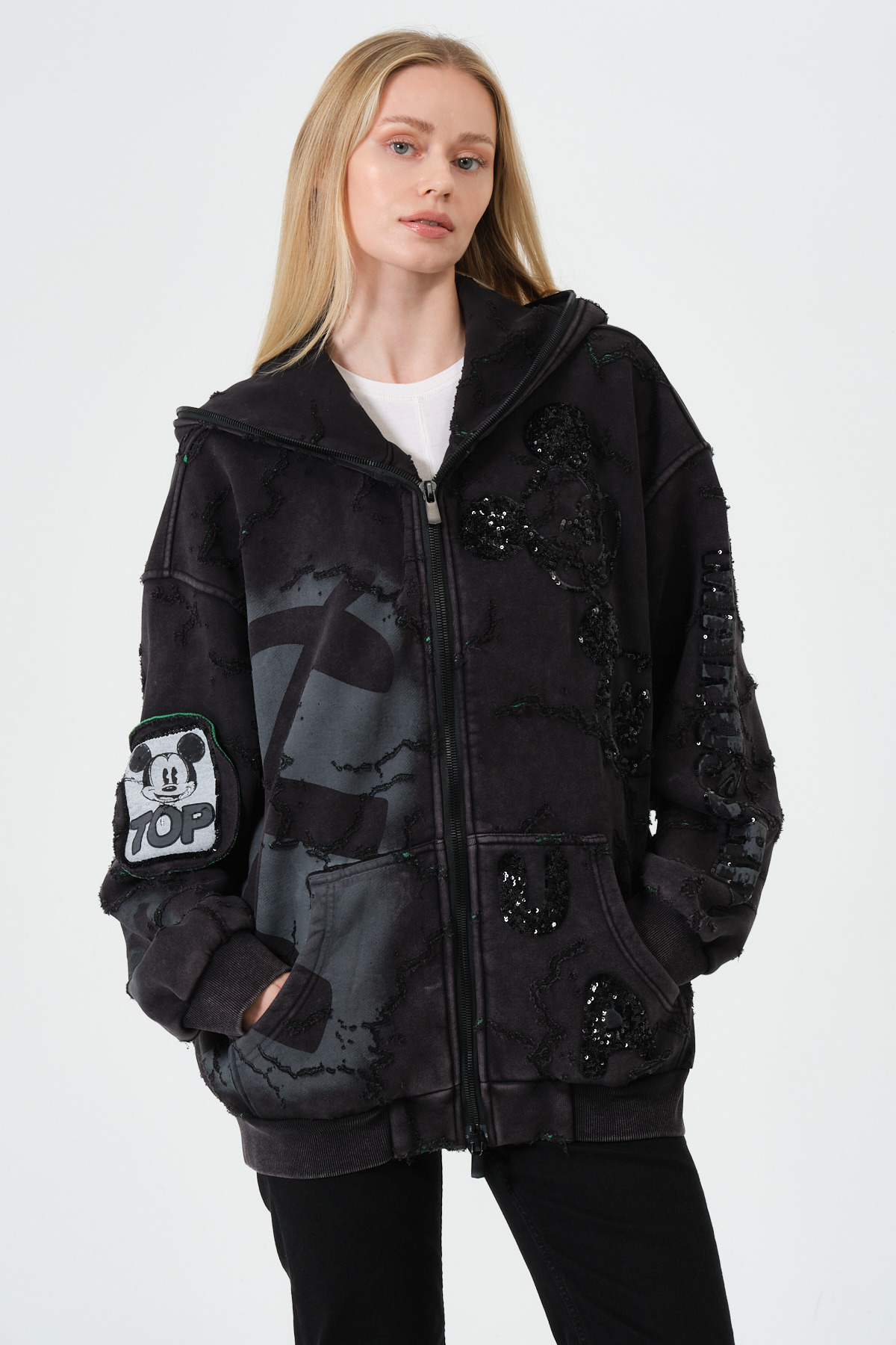 Kadın Vintage Siyah Yıkamalı Fermuarlı Oversize Hoodie Ceket