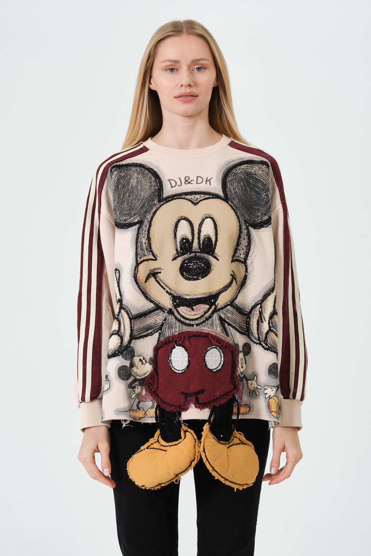 Mickey Mouse Baskılı 3D Ayakkabı Detaylı Oversize Bej Sweatshirt