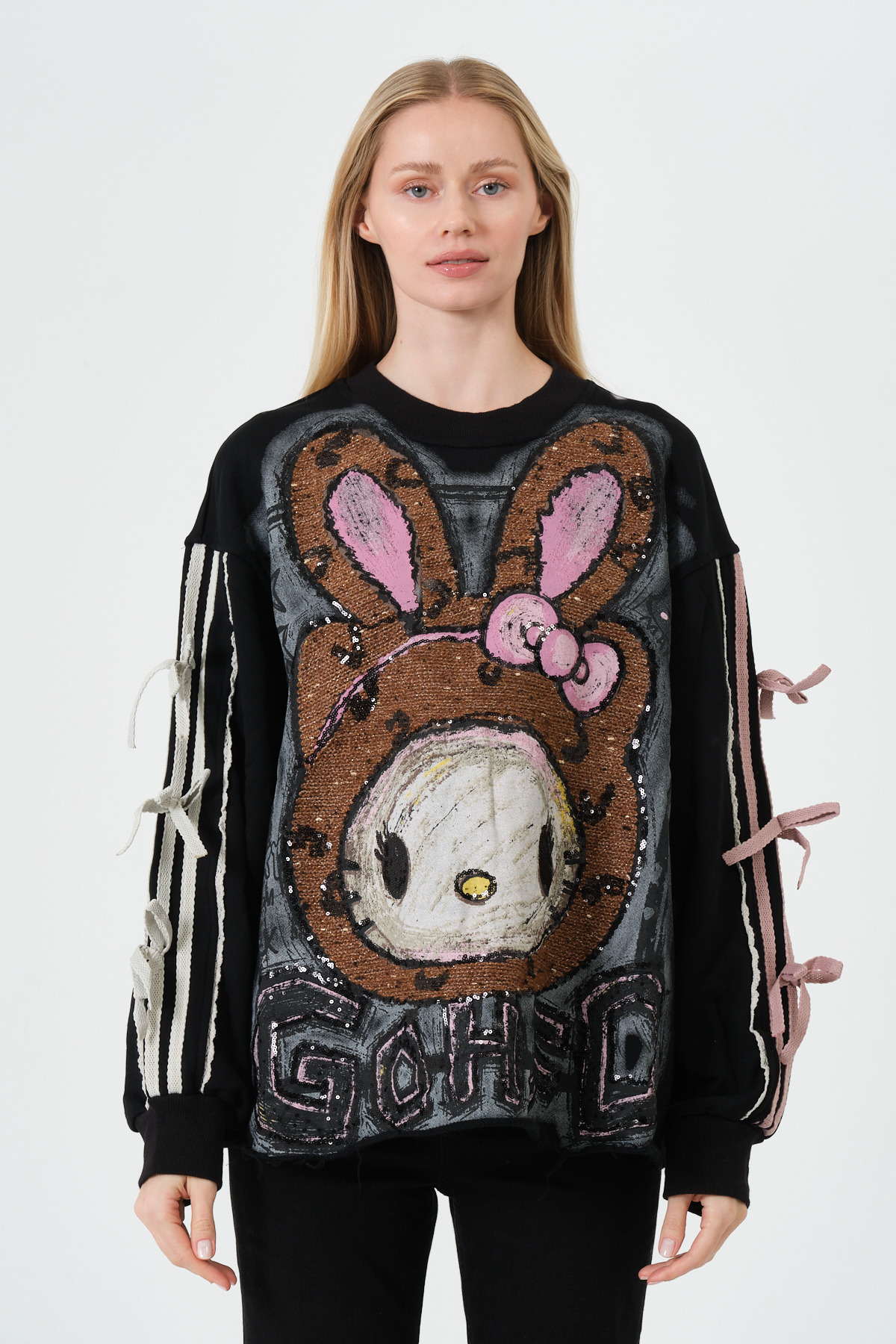 Tasarım Baskılı Bağcıklı Sweatshirt - Siyah Oversize Hoodie