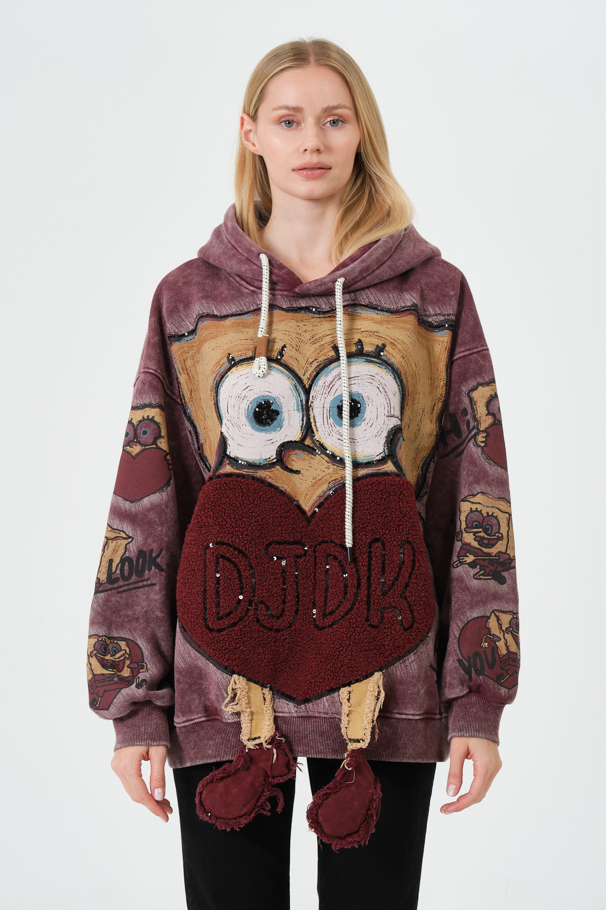 Oversize Sünger Bob Figürlü Yıkamalı Mürdüm Hoodie - Peluş Kalp Detaylı