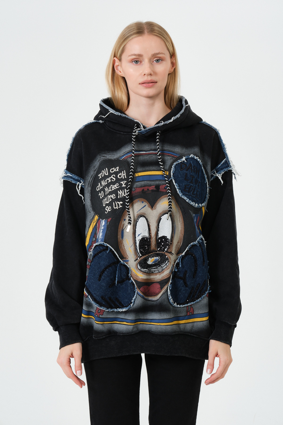 Mickey Mouse Baskılı Denim Aplikeli Oversize Siyah Hoodie