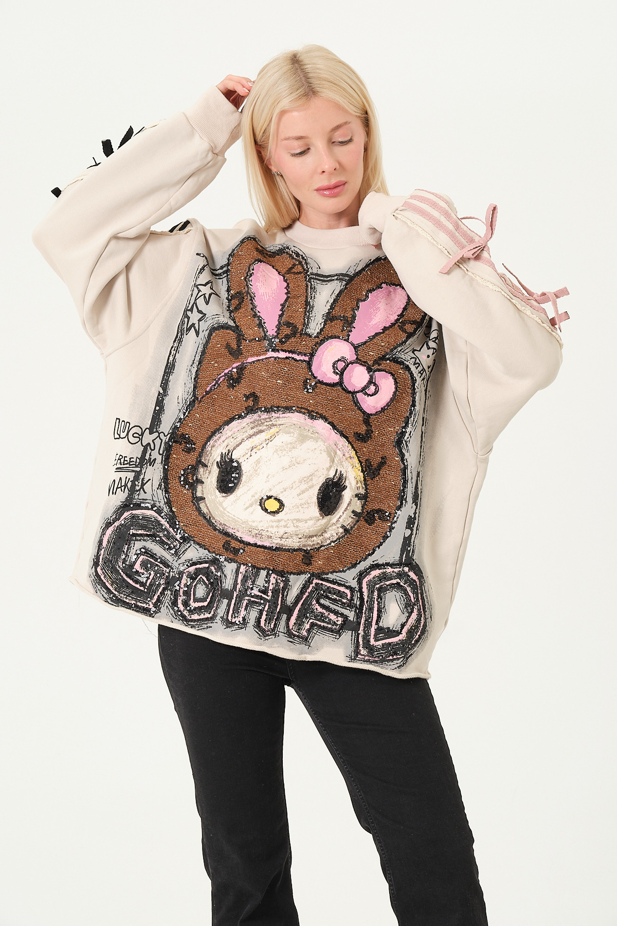 Oversize Hello Kitty & My Melody Figürlü Bağcık Detaylı Bej Sweatshirt