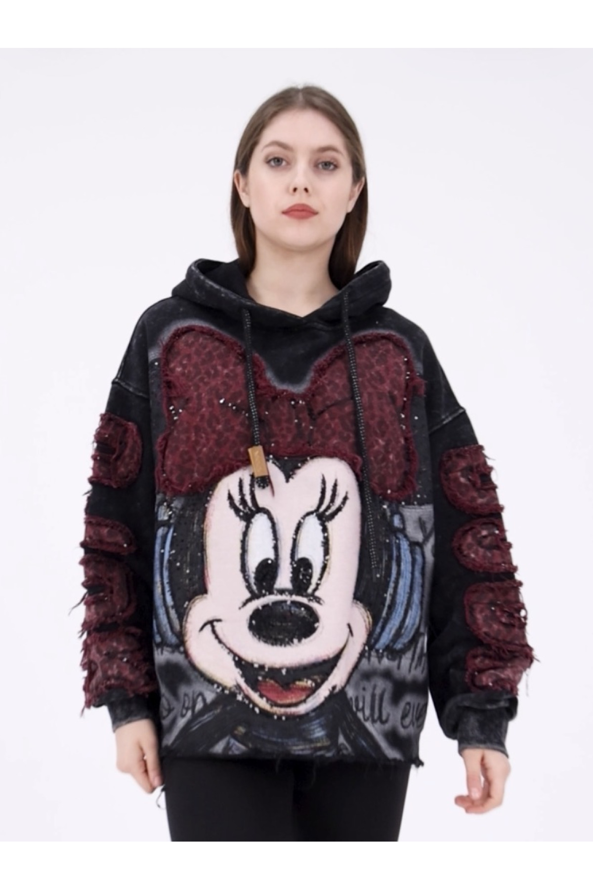 Mickey & Minnie Mouse Temalı Eskitme ve Yama Detaylı Tasarım Oversize Hoodie