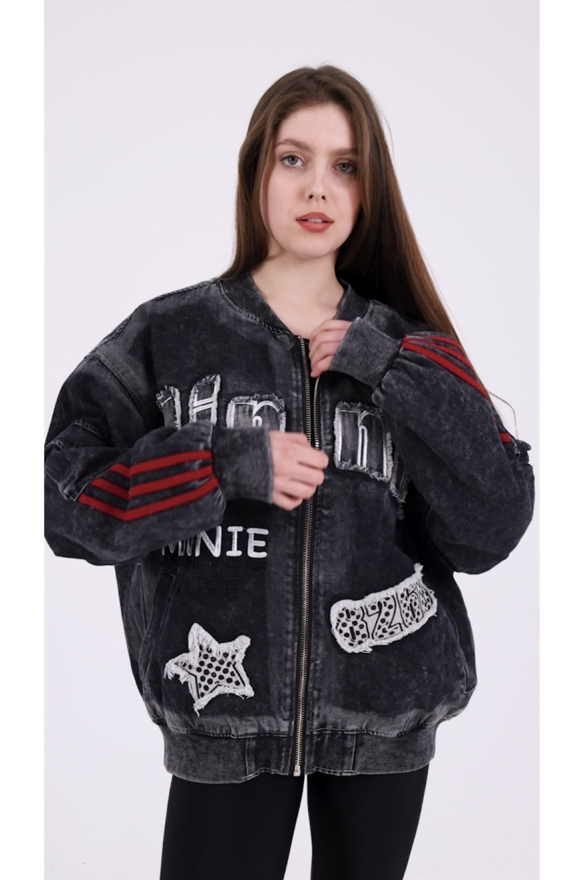 Minnie Mouse İşlemeli Vintage Asit Yıkama Füme Denim Bomber Ceket