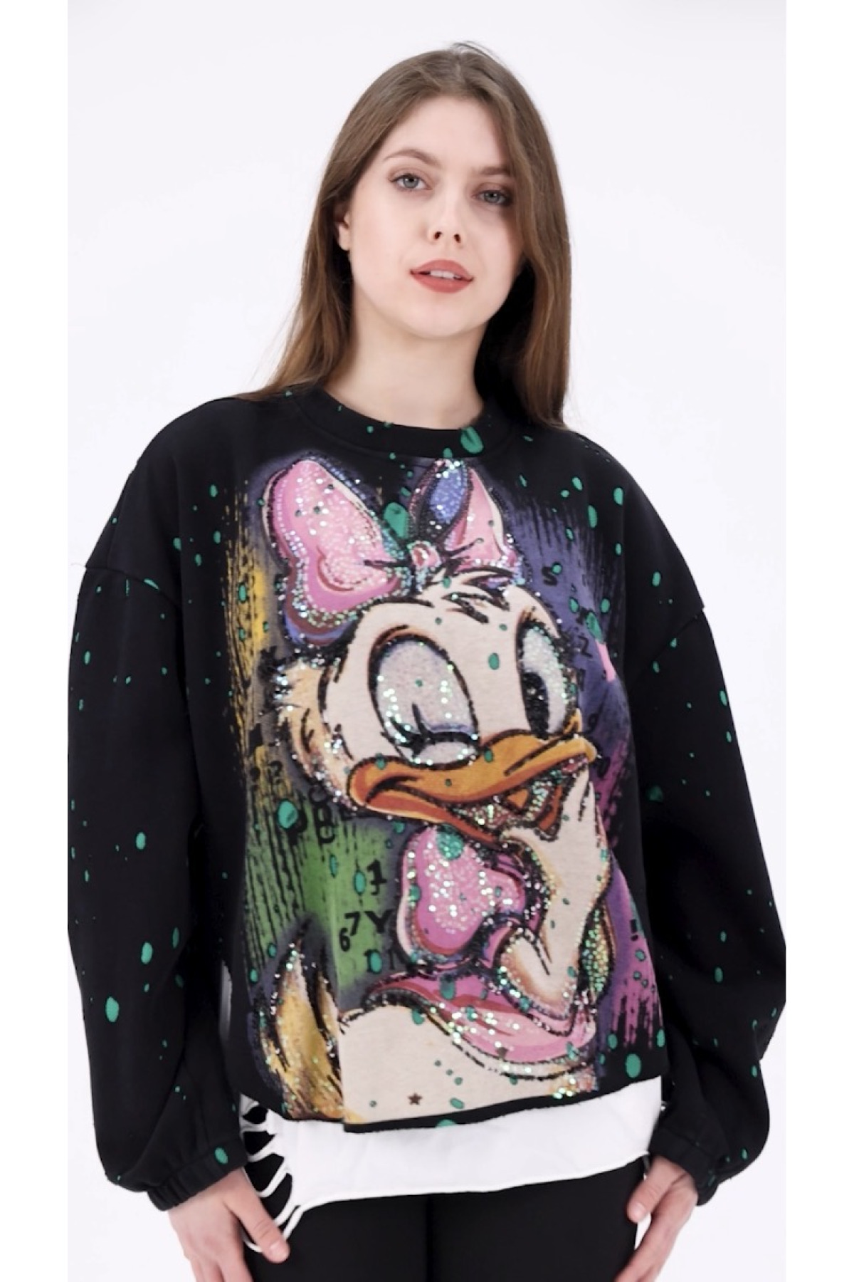 Daisy Duck Baskılı Graffiti Detaylı Oversize Siyah Sweatshirt