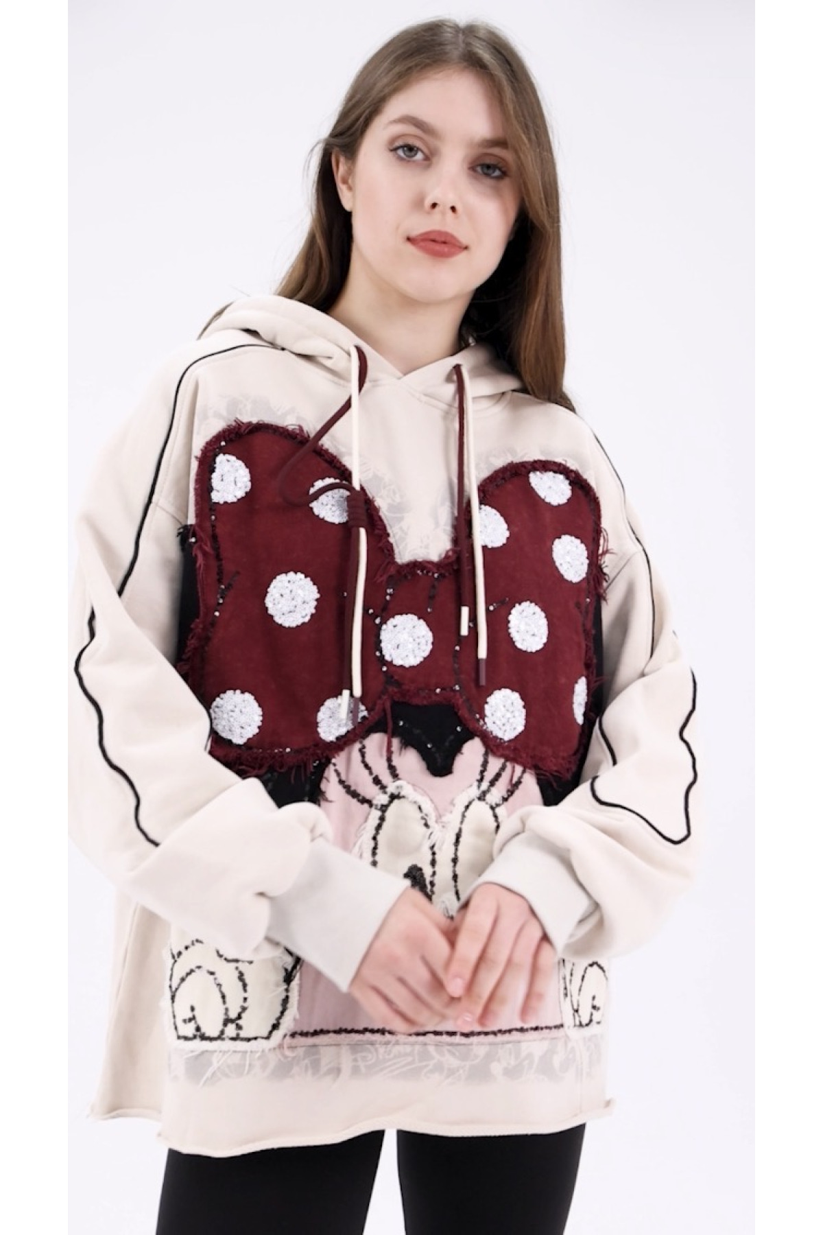 Kadın Krem Oversize Puantiyeli Fiyonklu Kapüşonlu Sweatshirt