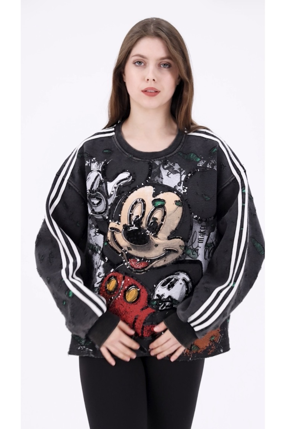 Mickey Mouse Baskılı Yırtık Detaylı Siyah Oversize Sweatshirt