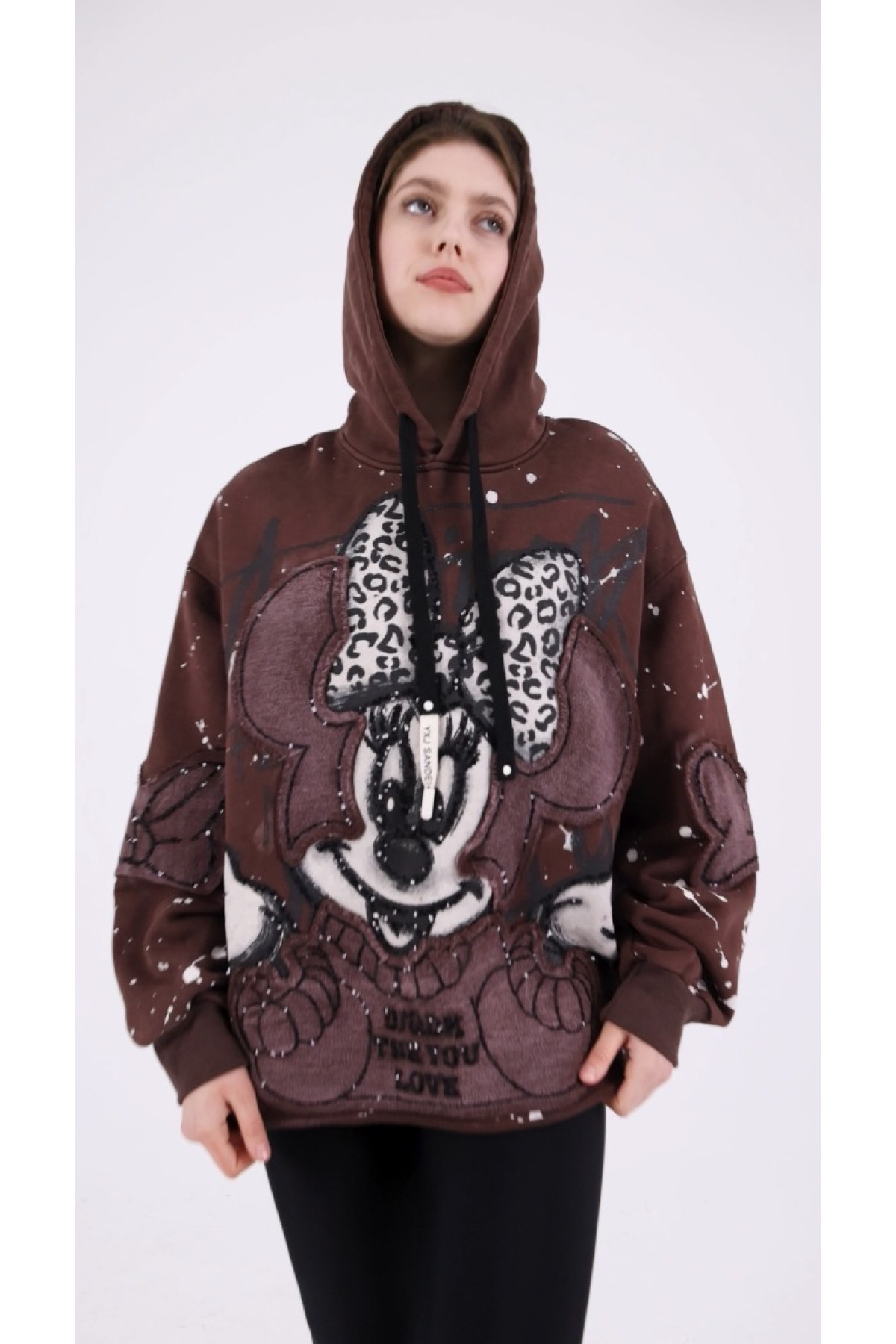 Kadın Kahverengi Minnie Mouse Desenli Oversize Hoodie