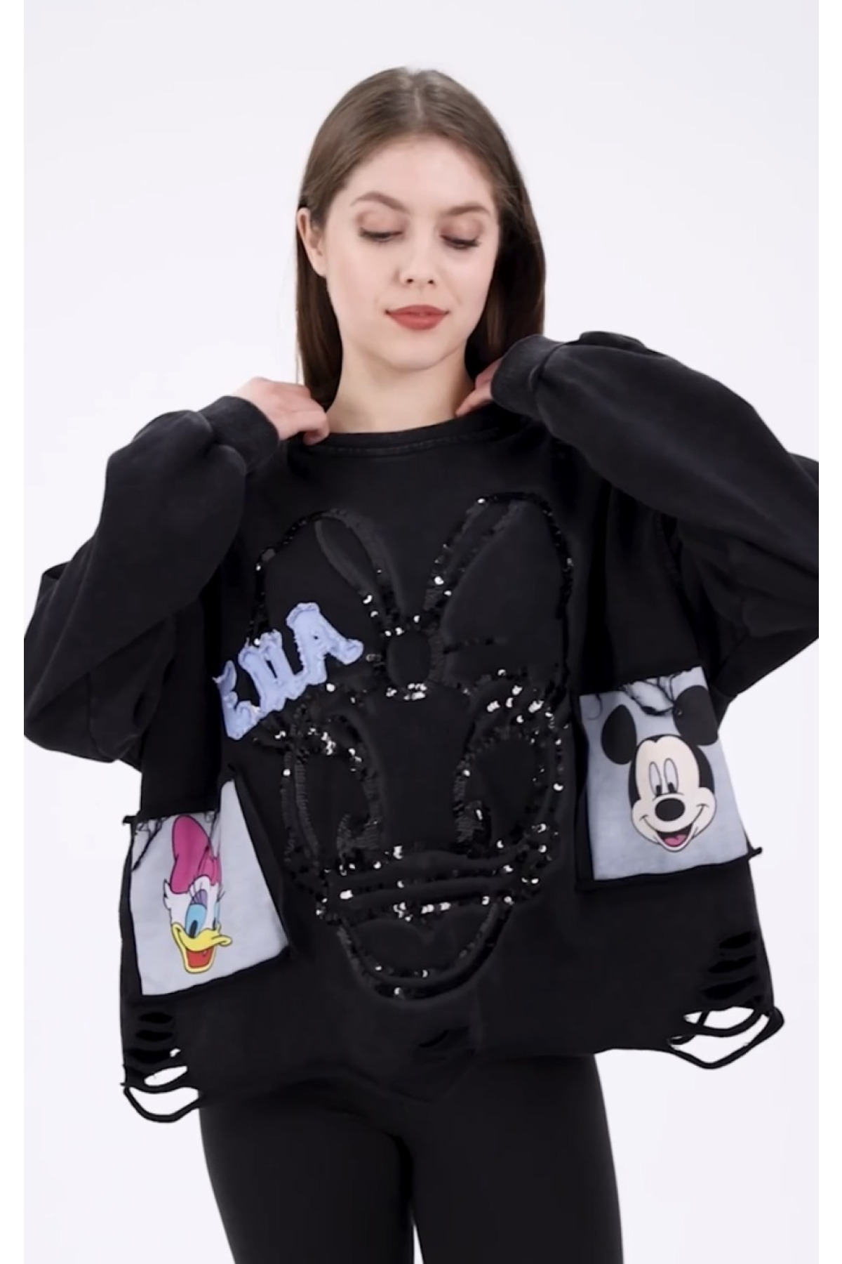 Mickey ve Daisy Figürlü Tasarım Oversize Siyah Kadın Sweatshirt
