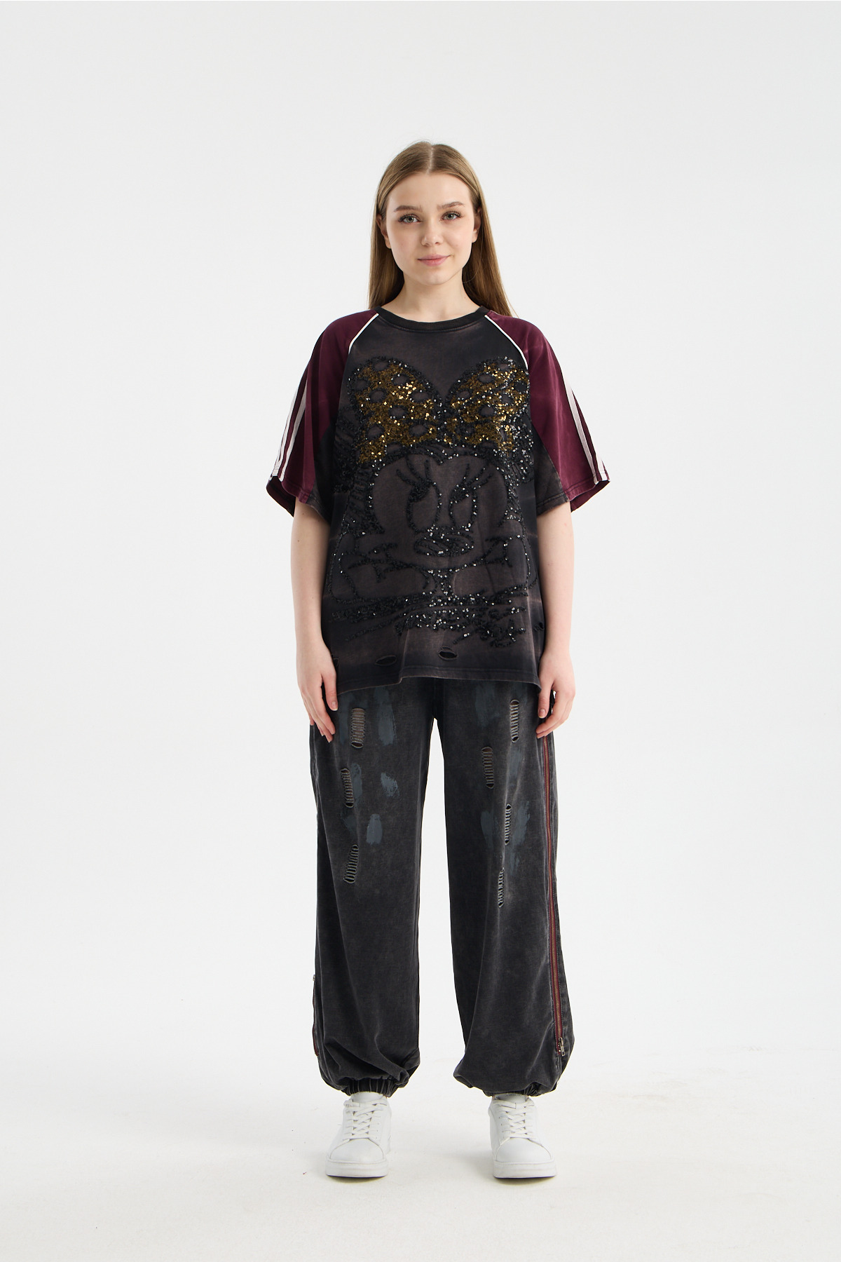 Minnie Mouse Payet Nakışlı Oversize İkili Kadın Takım - Bordo Detaylı Sokak Stili