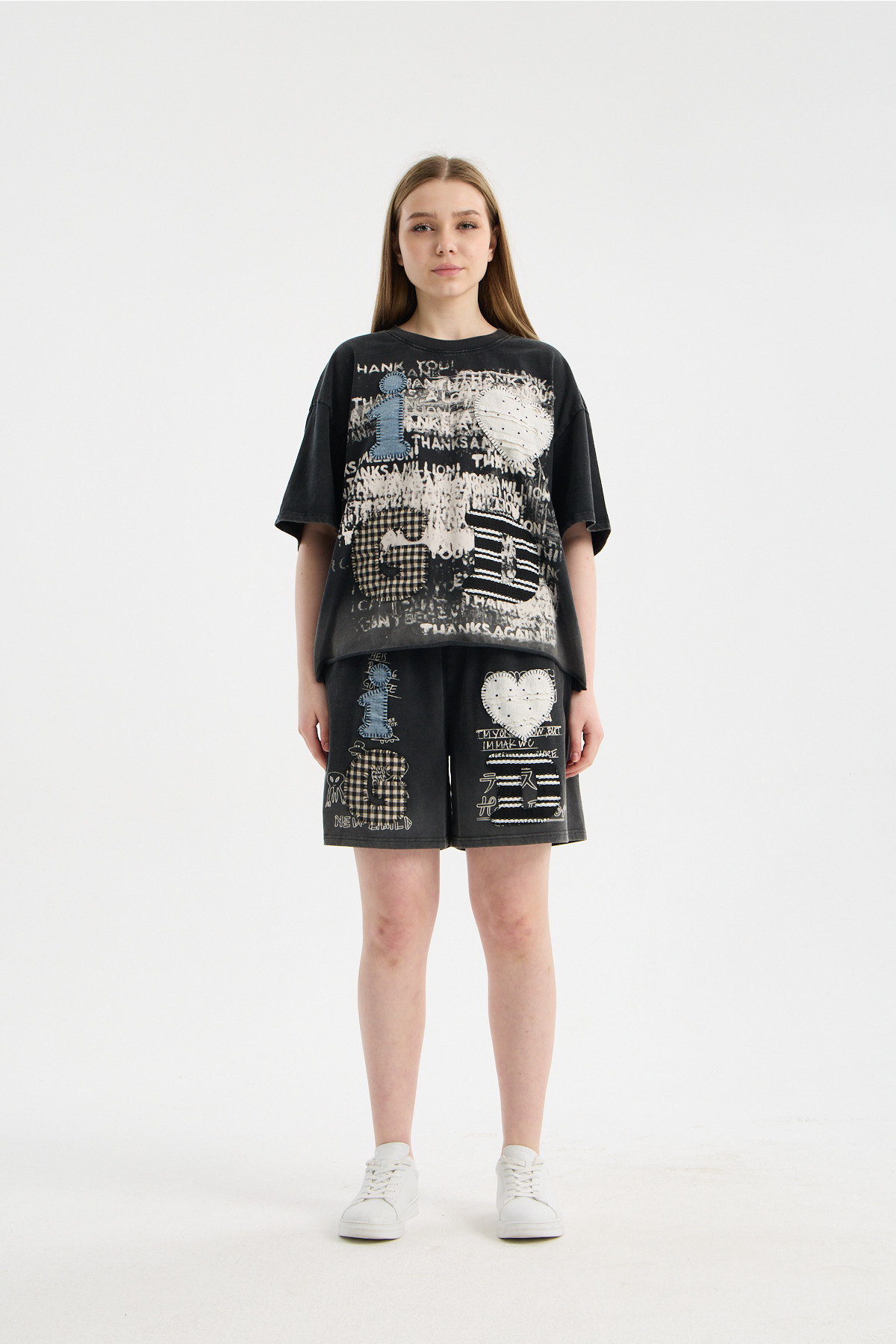 Tasarım Baskılı Oversize Şort-Tişört Takımı - Vintage Black