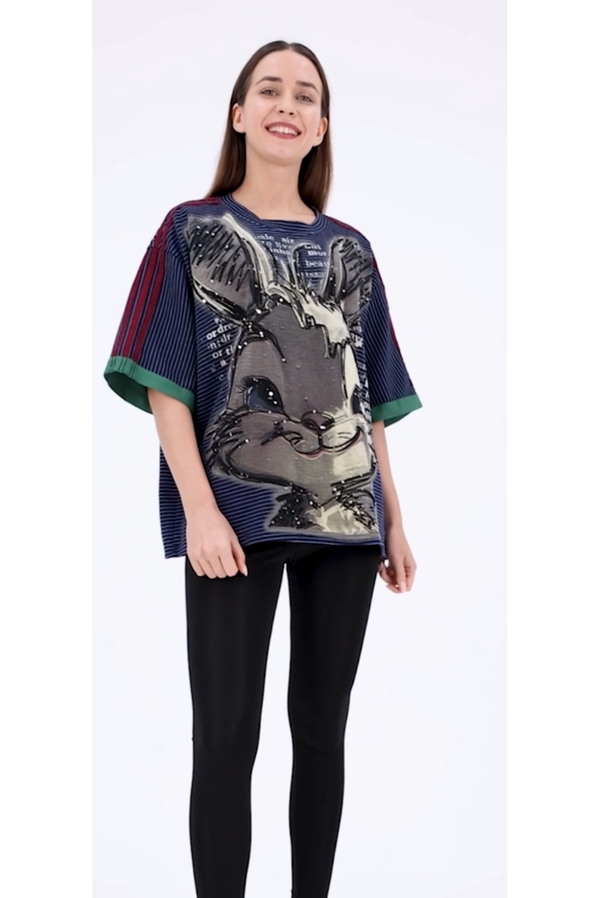 Kadın Lacivert Çizgili Bugs Bunny Baskılı Oversize Tişört - Taş İşlemeli Nakış Detaylı