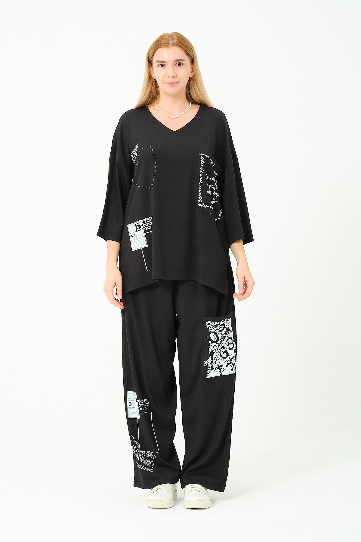 Büyük Beden Siyah Baskılı Taş İşlemeli Takım