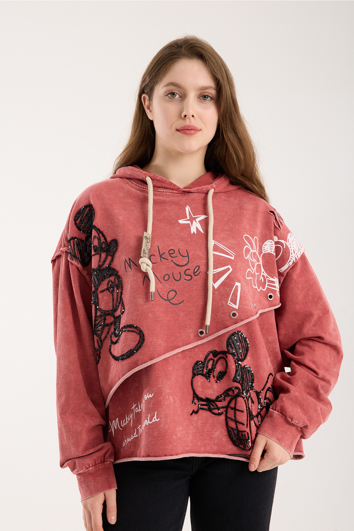 Kadın Eskitme Gül Kurusu Mickey Mouse Nakışlı ve Payet Detaylı Oversize Sweatshirt