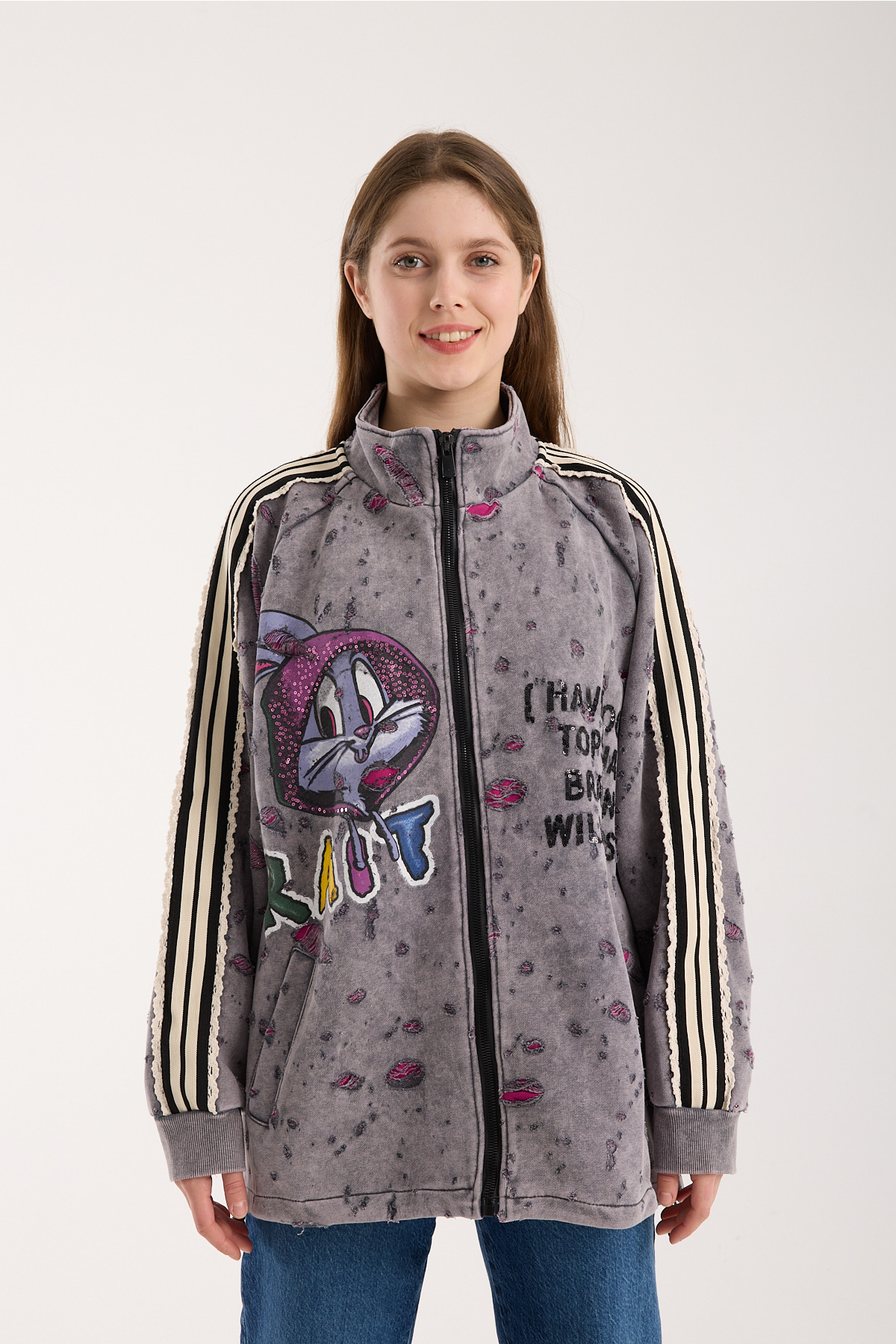 Bugs Bunny Baskılı Yıpratılmış Efektli Vintage Gri Fermuarlı Ceket