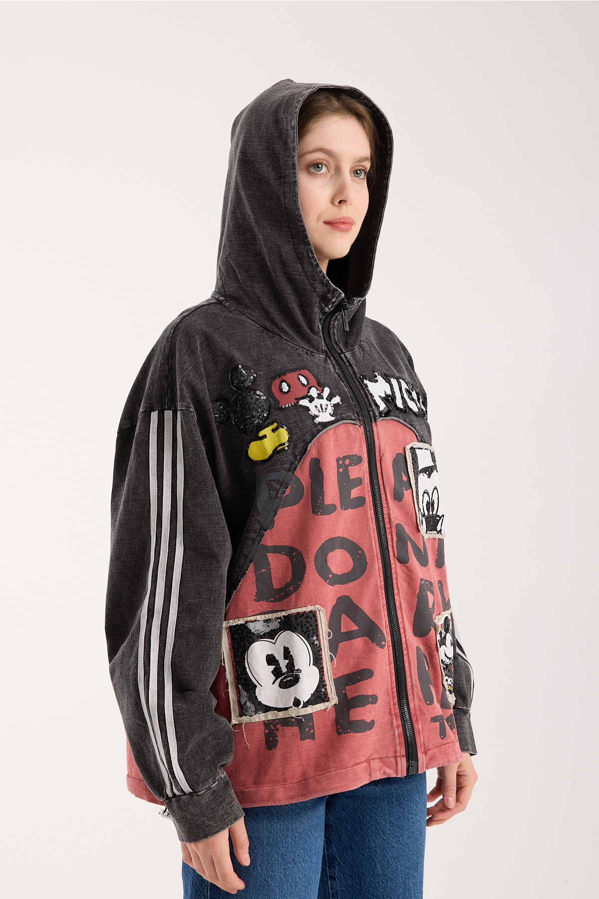 Kadın Eskitme Siyah-Kiremit Renk Bloklu Mickey Mouse Payetli Kapüşonlu Sweatshirt